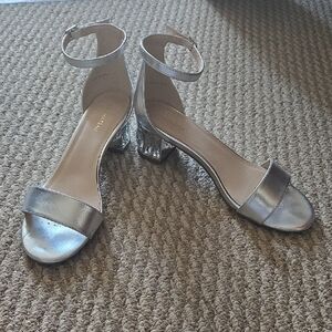Metallic Silver Ankle-Strap Crystal Block Heel Sandals - Women - Brand New